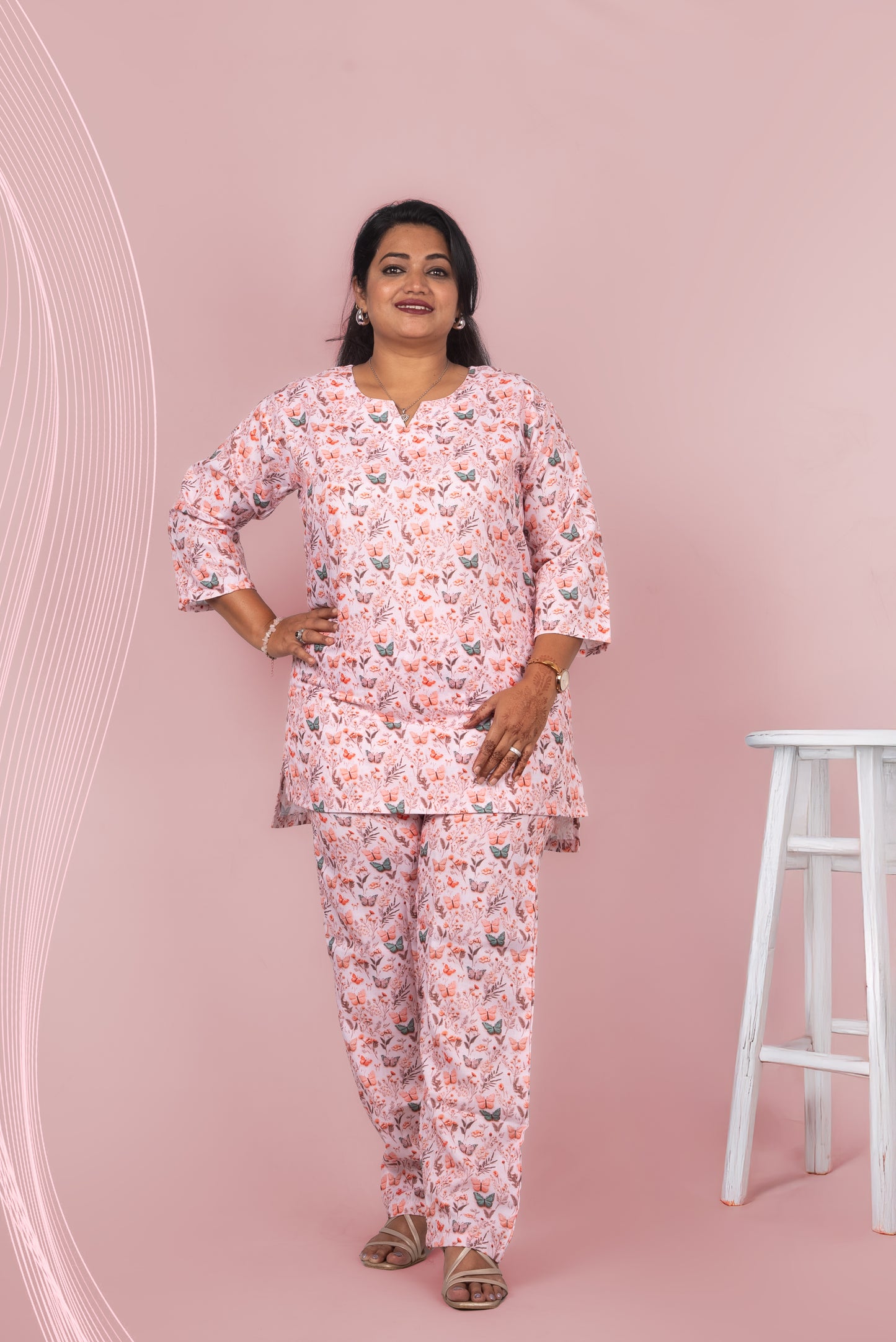 Charming Pink Linen Digital Printed Night Suit