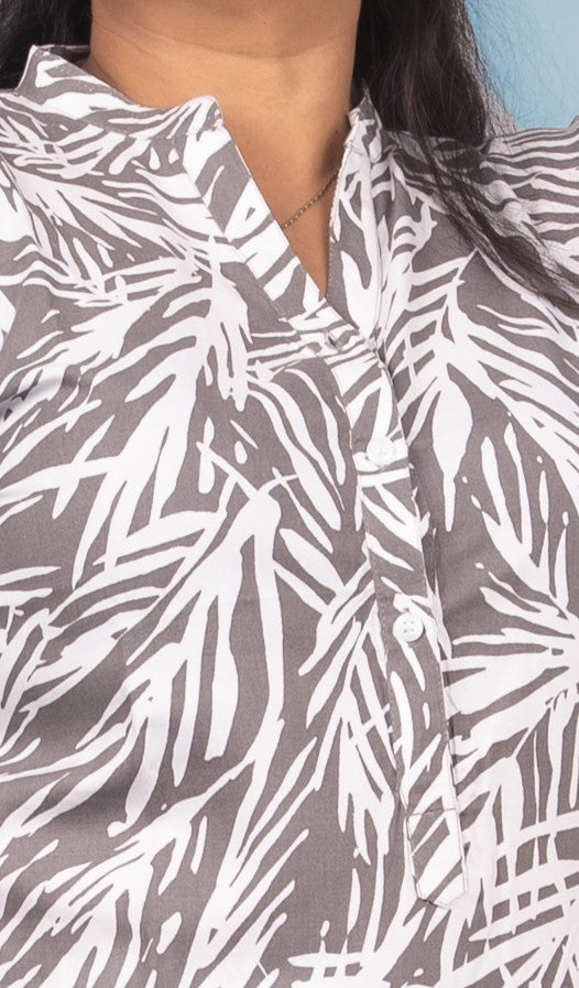 Elegant Grey Leaf Print Rayon Night Suit