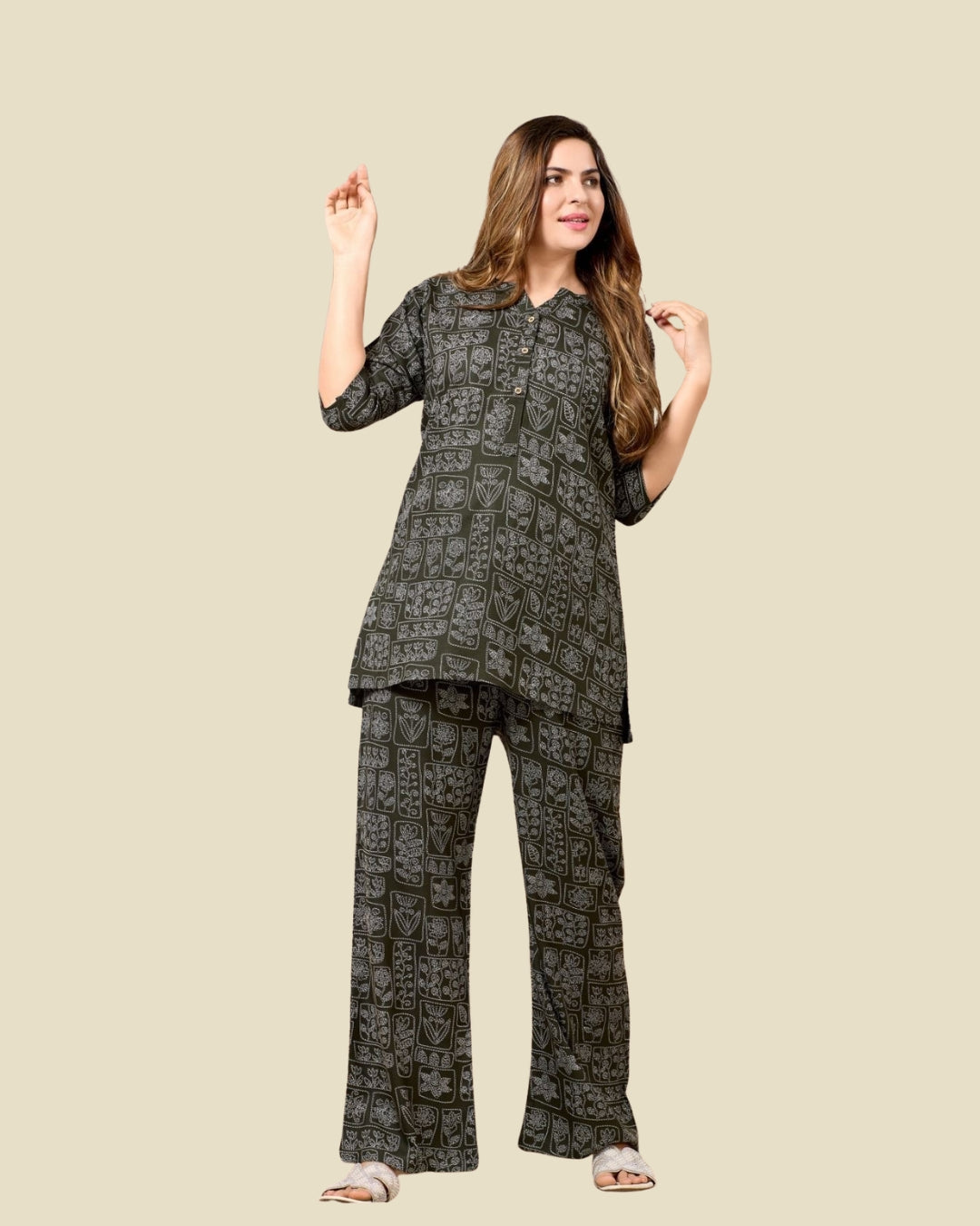 Olive Green Floral Block Print Co-ord Set