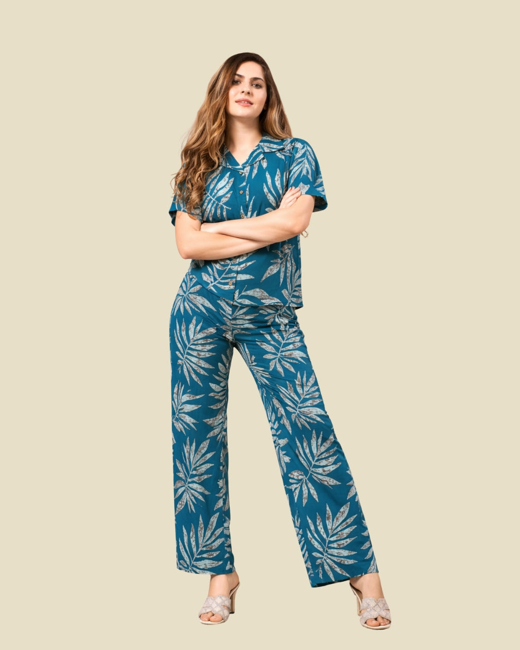 Teal Blue Tropical Leaf Print Co-ord Set