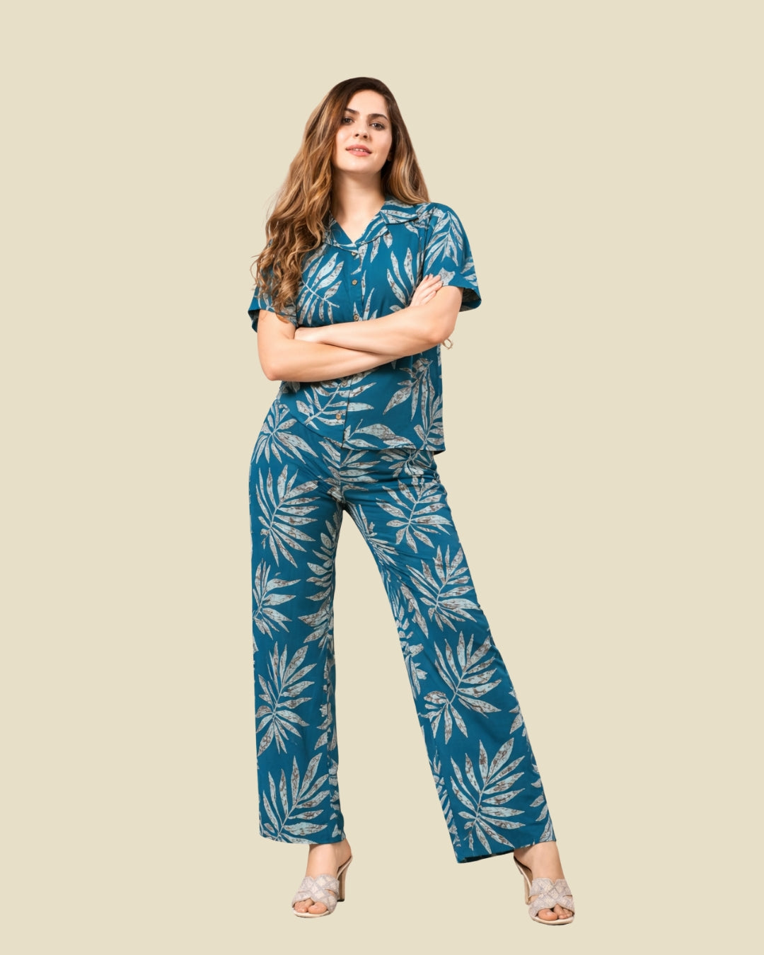 Teal Blue Tropical Leaf Print Co-ord Set – Alpine Fabric