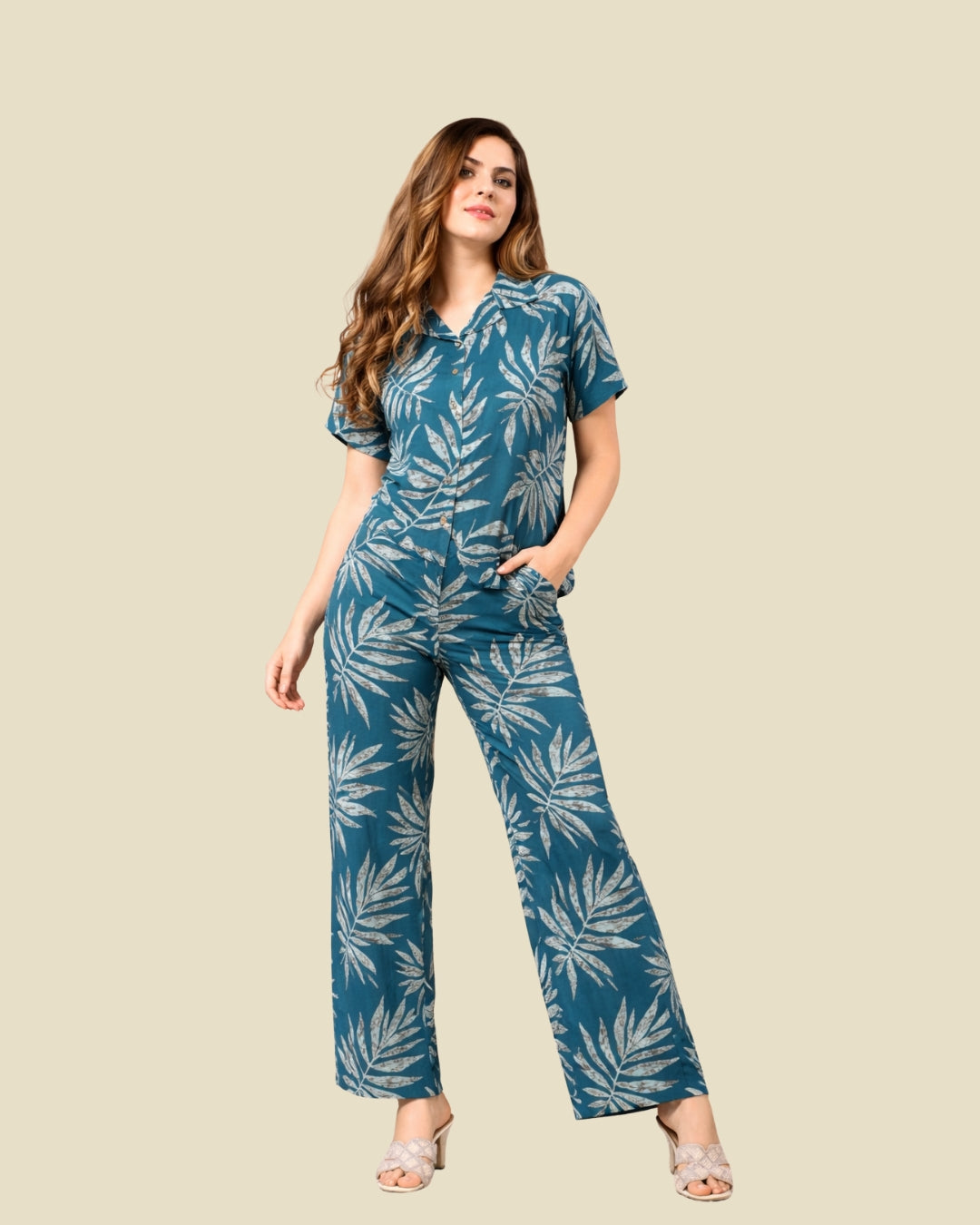 Teal Blue Tropical Leaf Print Co-ord Set – Alpine Fabric