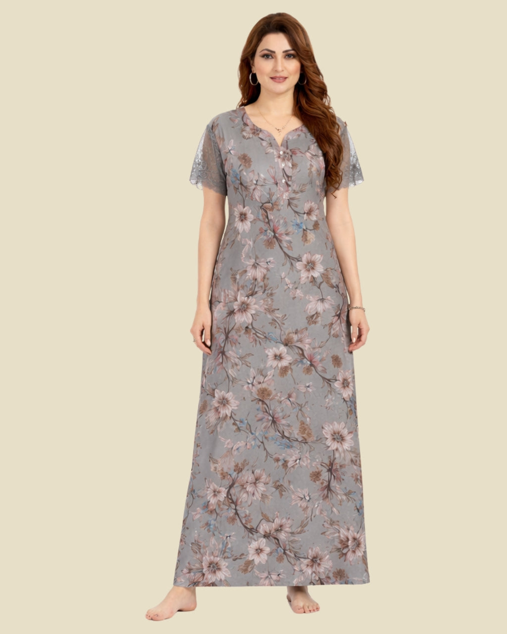 Grey Multi-Color Floral Nighty