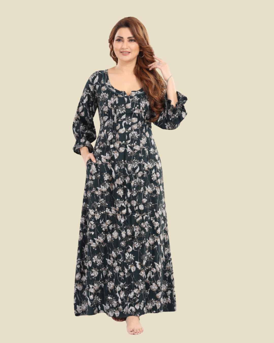 Dark Green Botanical Print Nighty