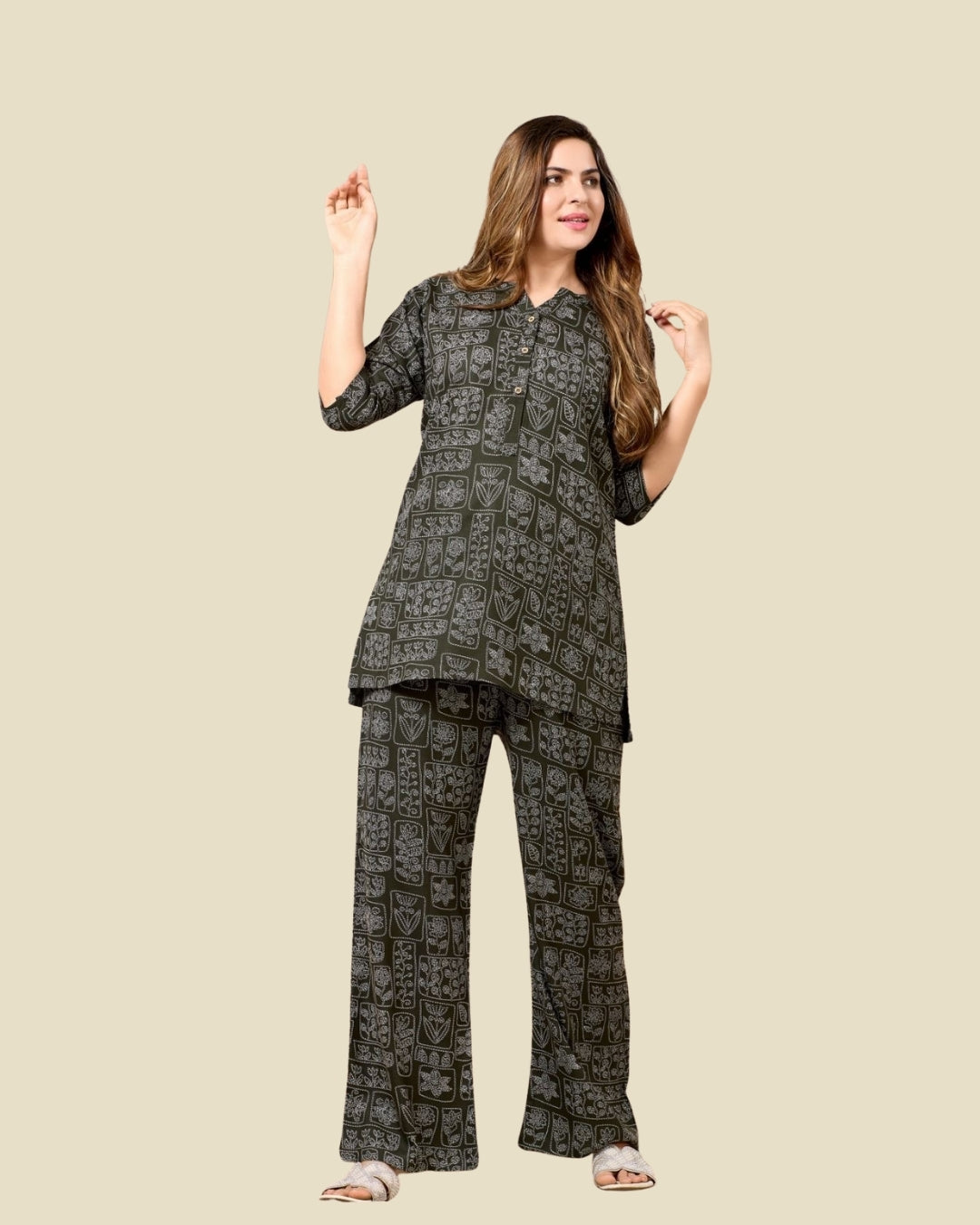 woman wearing olive green printed co ord set loungewear