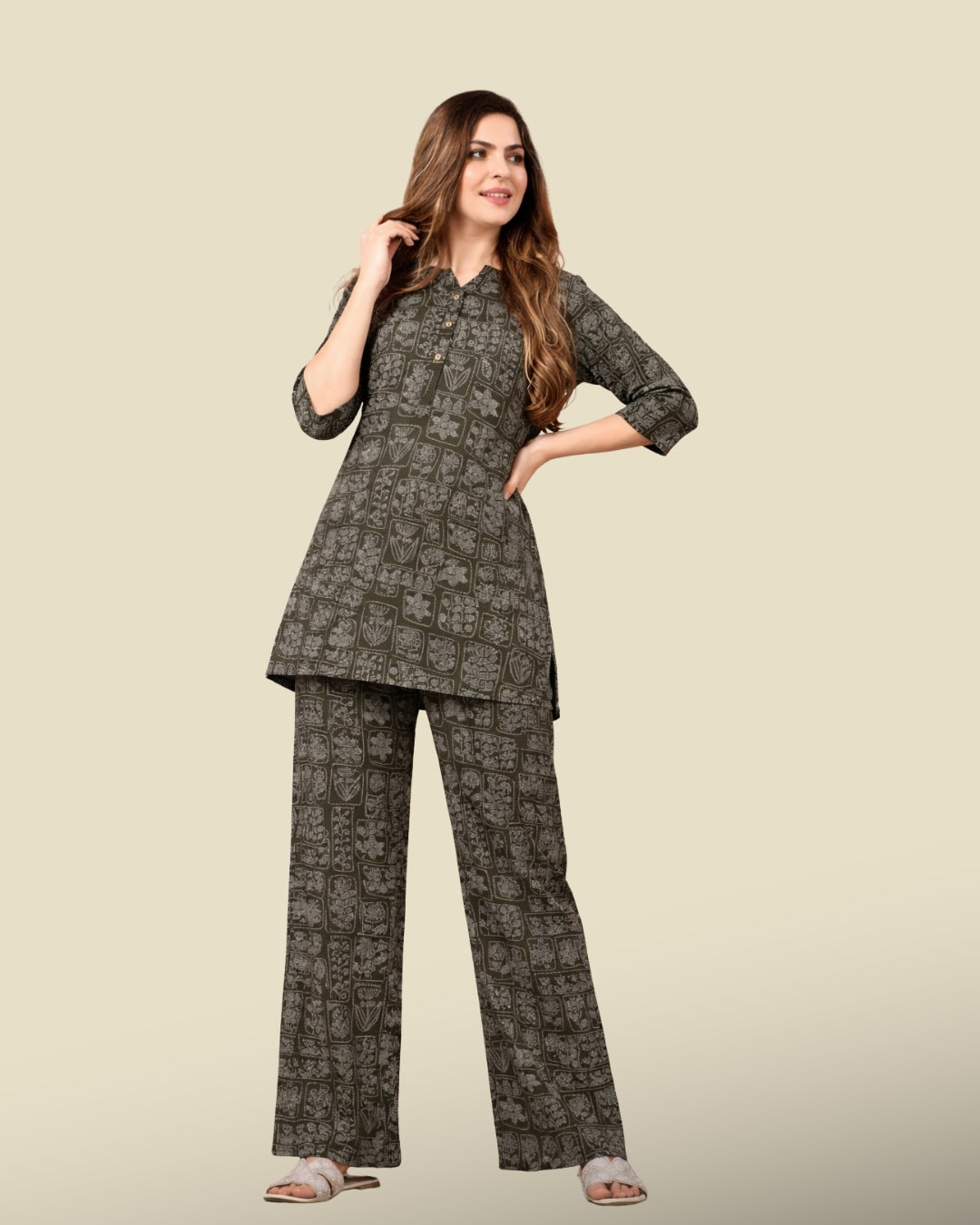 Olive Green Floral Block Print Co-ord Set