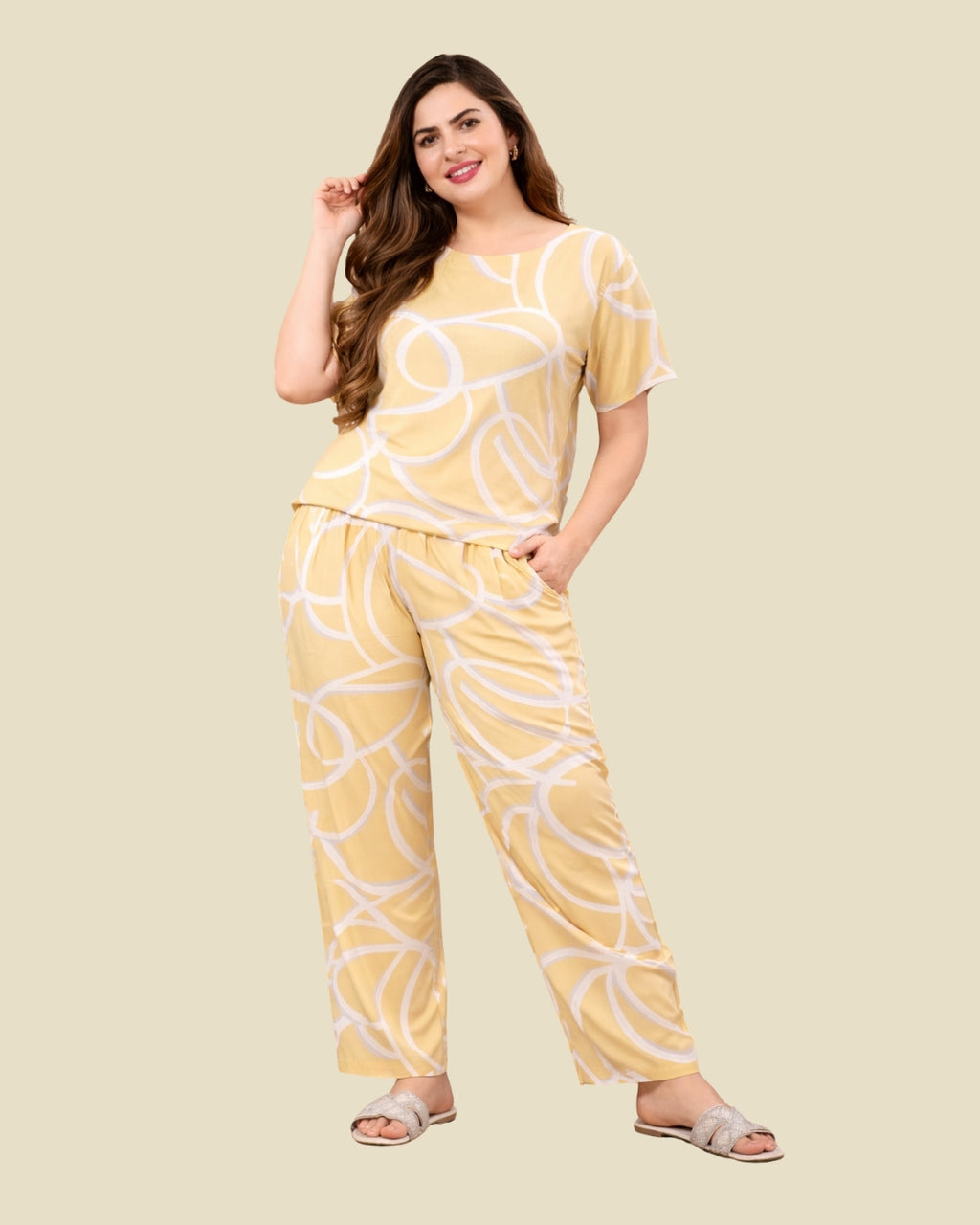 Yellow Abstract Swirl Print Pajama Set