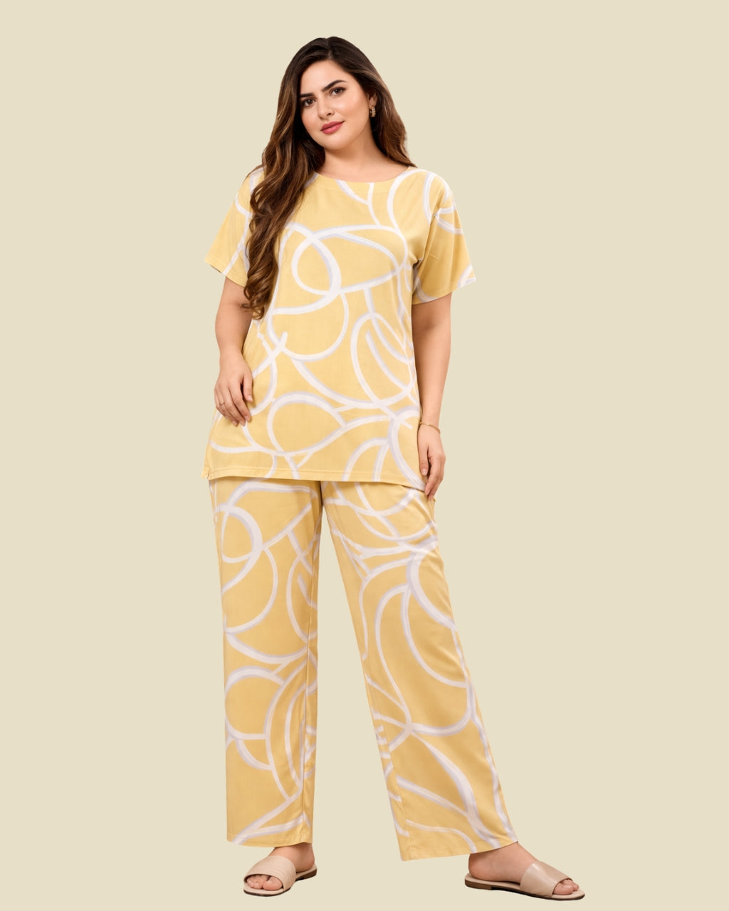 Yellow Abstract Swirl Print Pajama Set