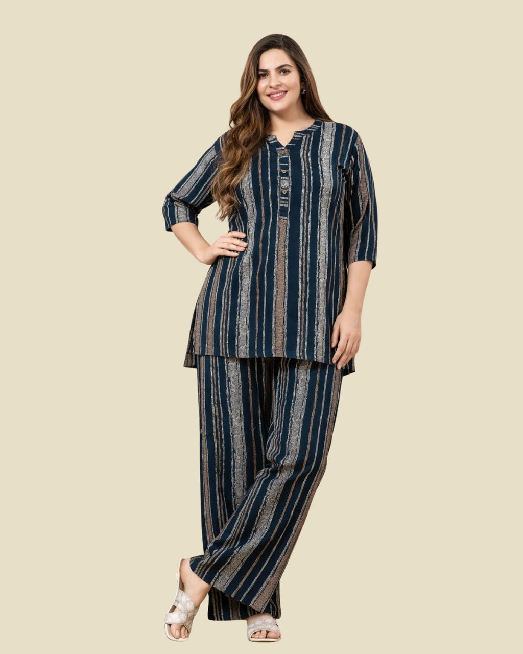 Teal Navy Vertical Stripe Co-Ord Set