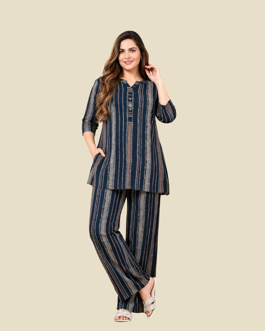 Teal Navy Vertical Stripe Co-Ord Set