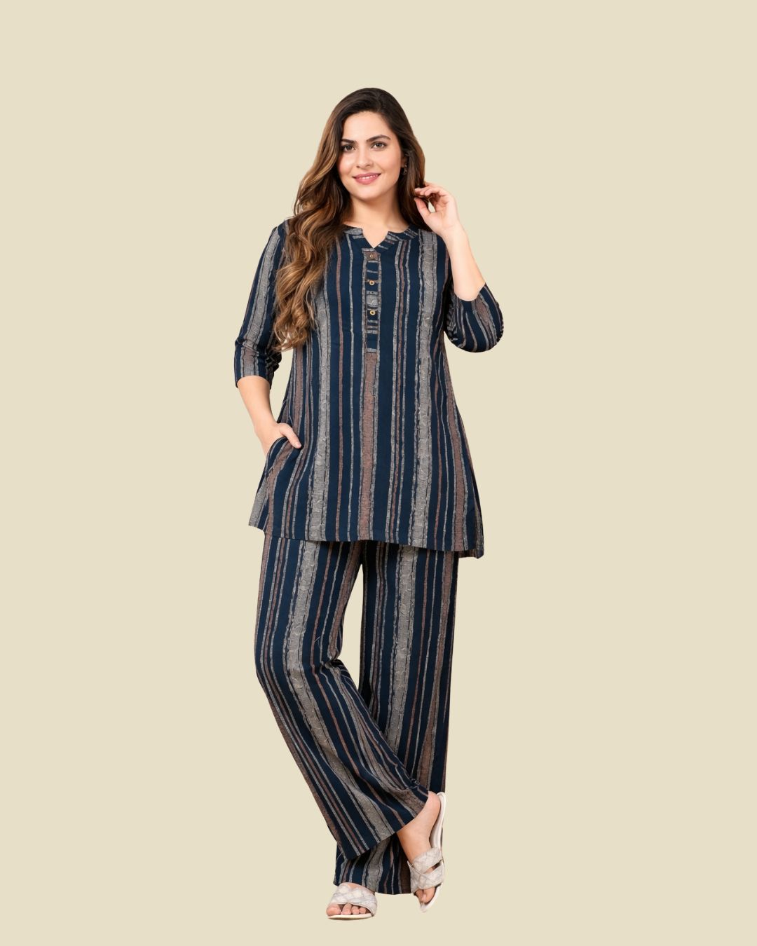 Teal Navy Vertical Stripe Co-Ord Set