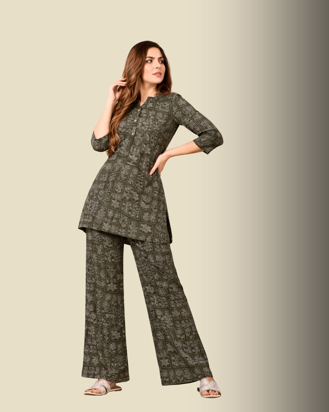 Olive Green Floral Block Print Co-ord Set