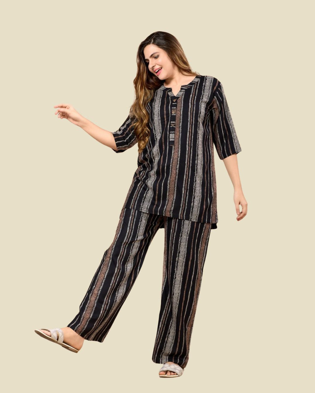 Black Vertical Stripe Co-Ord Set for Women