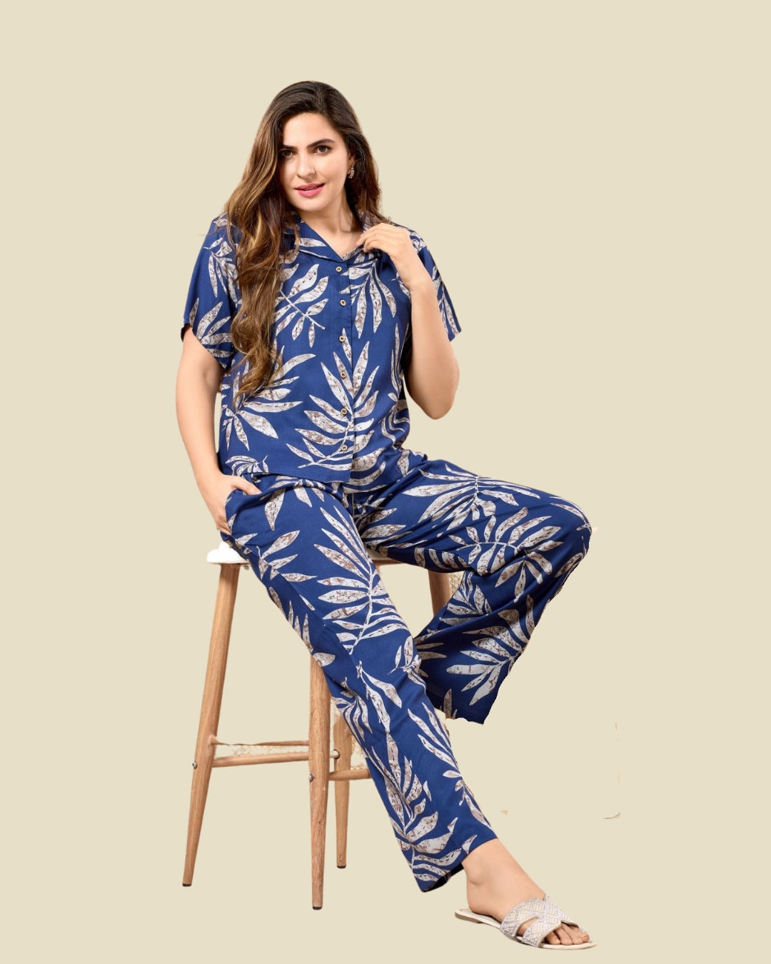 Navy Blue Tropical Leaf Print Pajama Set – Alpine Fabric