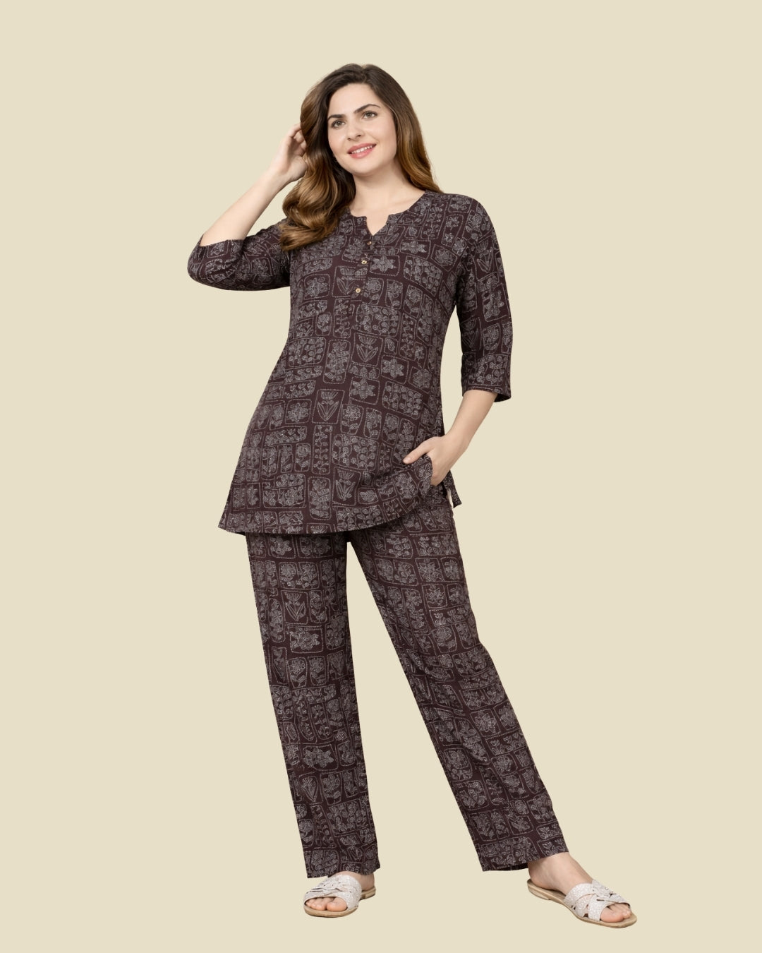 Brown Floral Block Print Co-ord Set