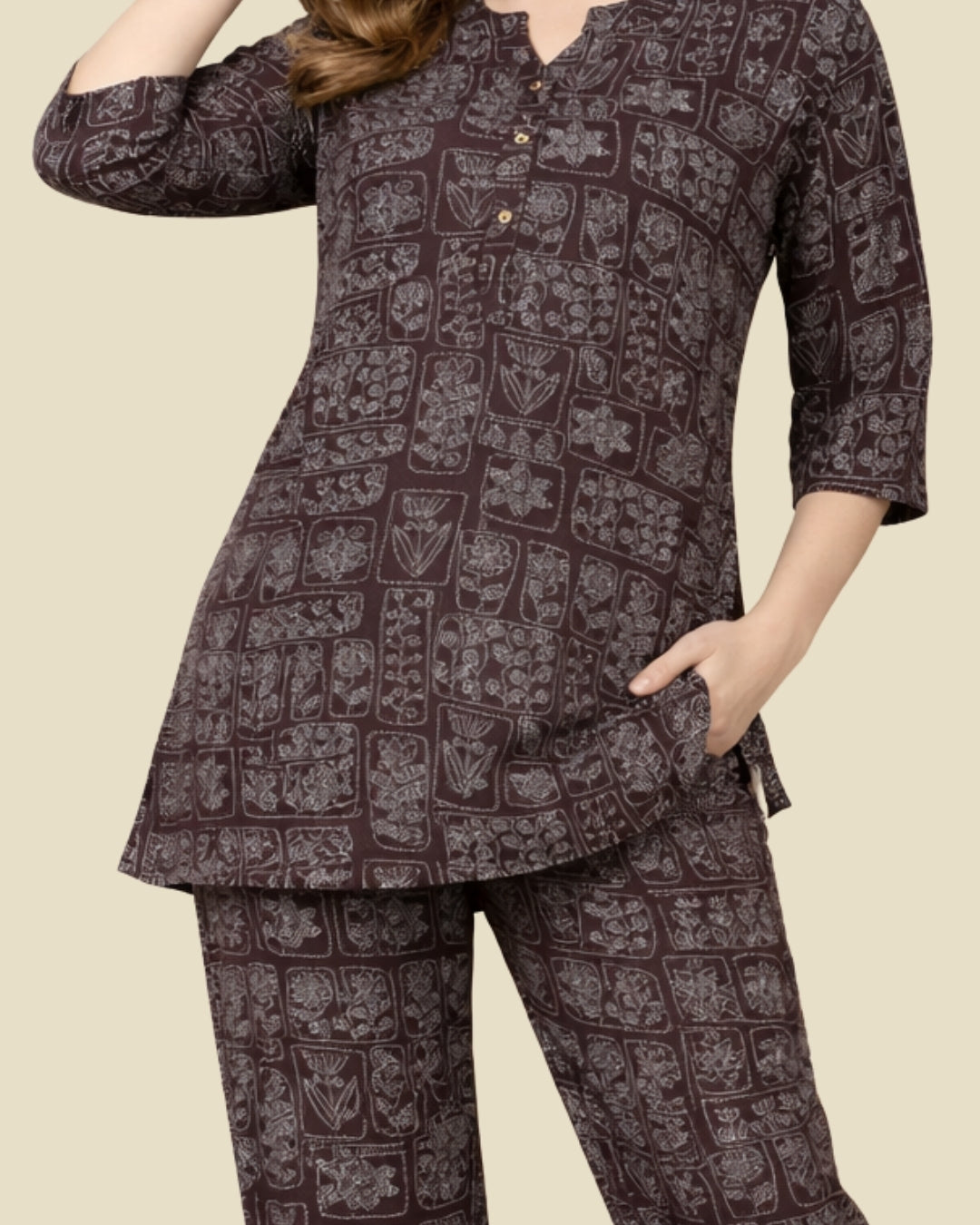Brown Floral Block Print Co-ord Set