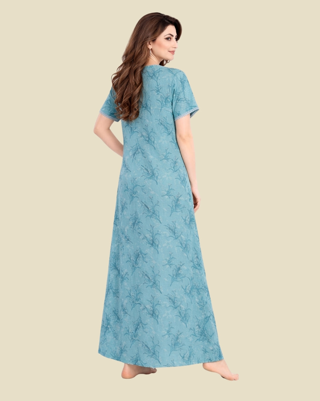 Alpine & Teal Green Floral Nighty Silver White Print Night Dress for Women