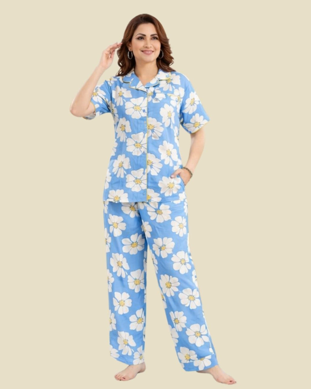 Sky Blue Daisy Floral Pajama Set