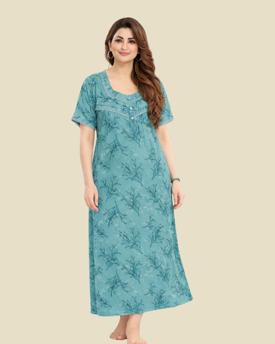 Alpine & Teal Green Floral Nighty Silver White Print Night Dress for Women