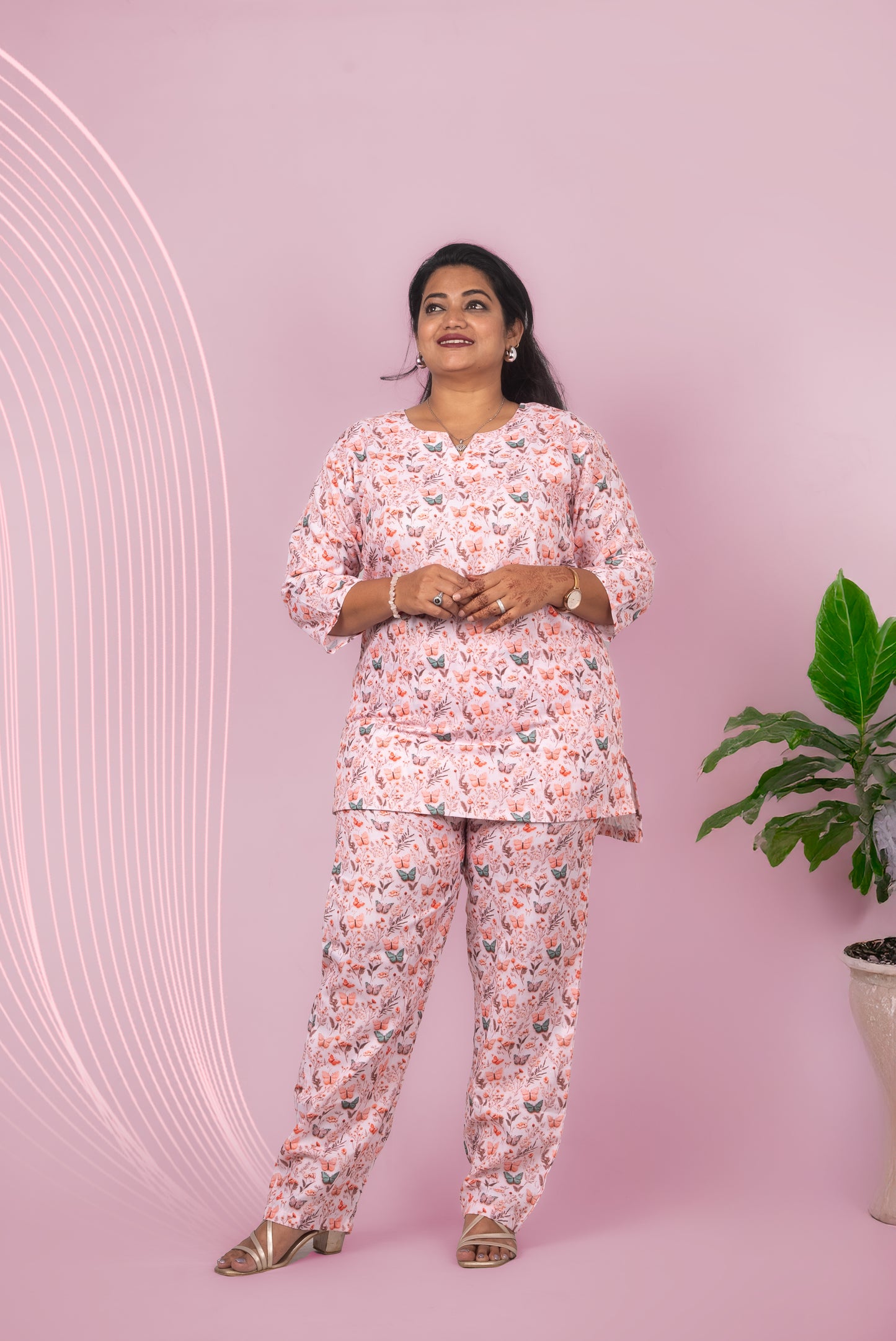 Charming Pink Linen Digital Printed Night Suit