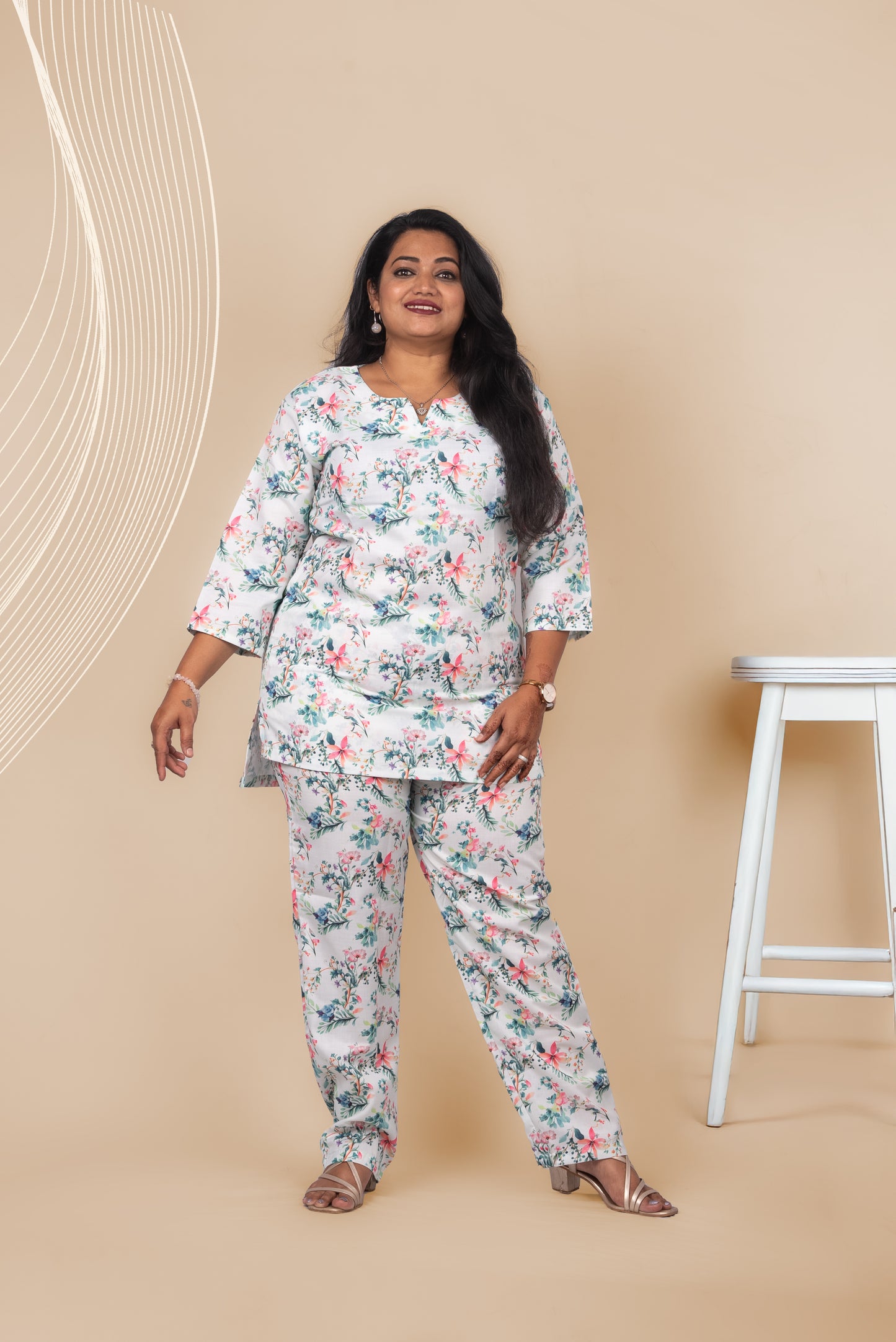 Green Floral Bliss Linen Night Suit