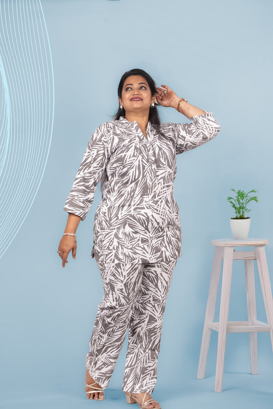 Elegant Grey Leaf Print Rayon Night Suit