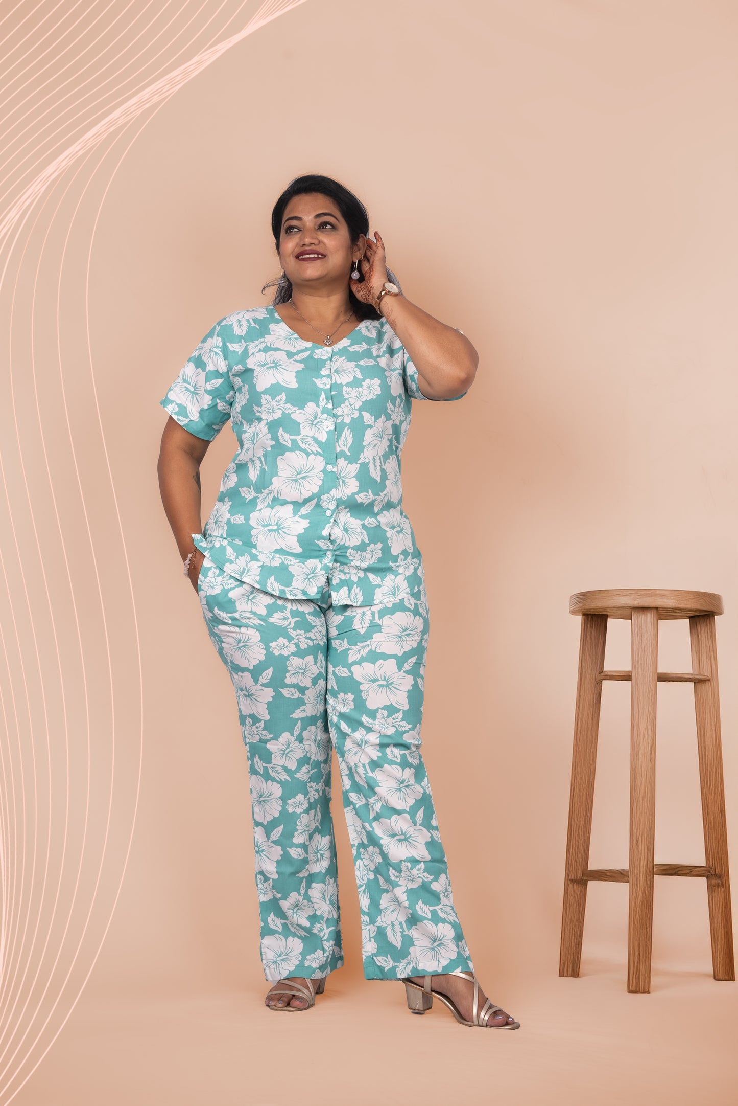 Luxurious Rayon Night Suit with Hibiscus Print