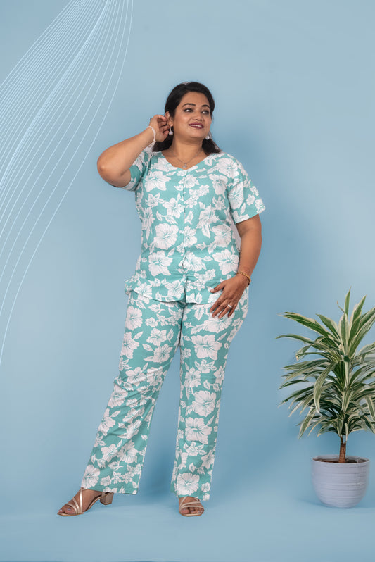 Luxurious Rayon Night Suit with Hibiscus Print