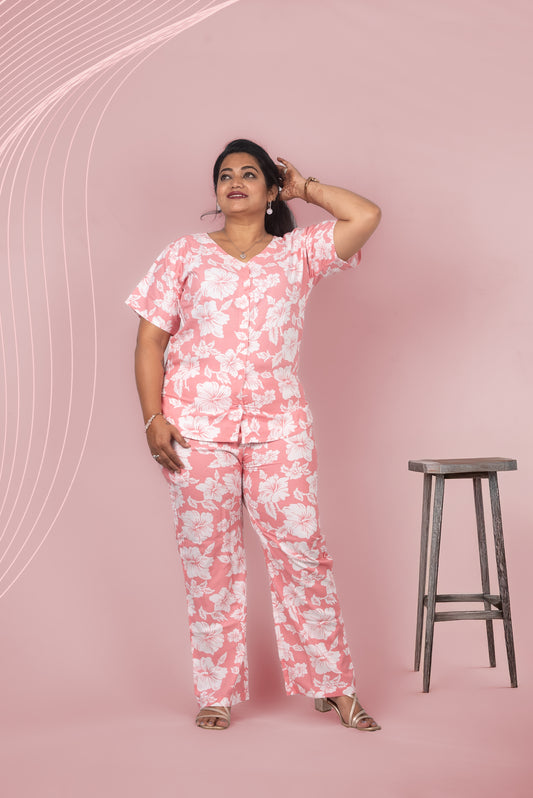 Luxurious Rayon Night Suit with Hibiscus Print