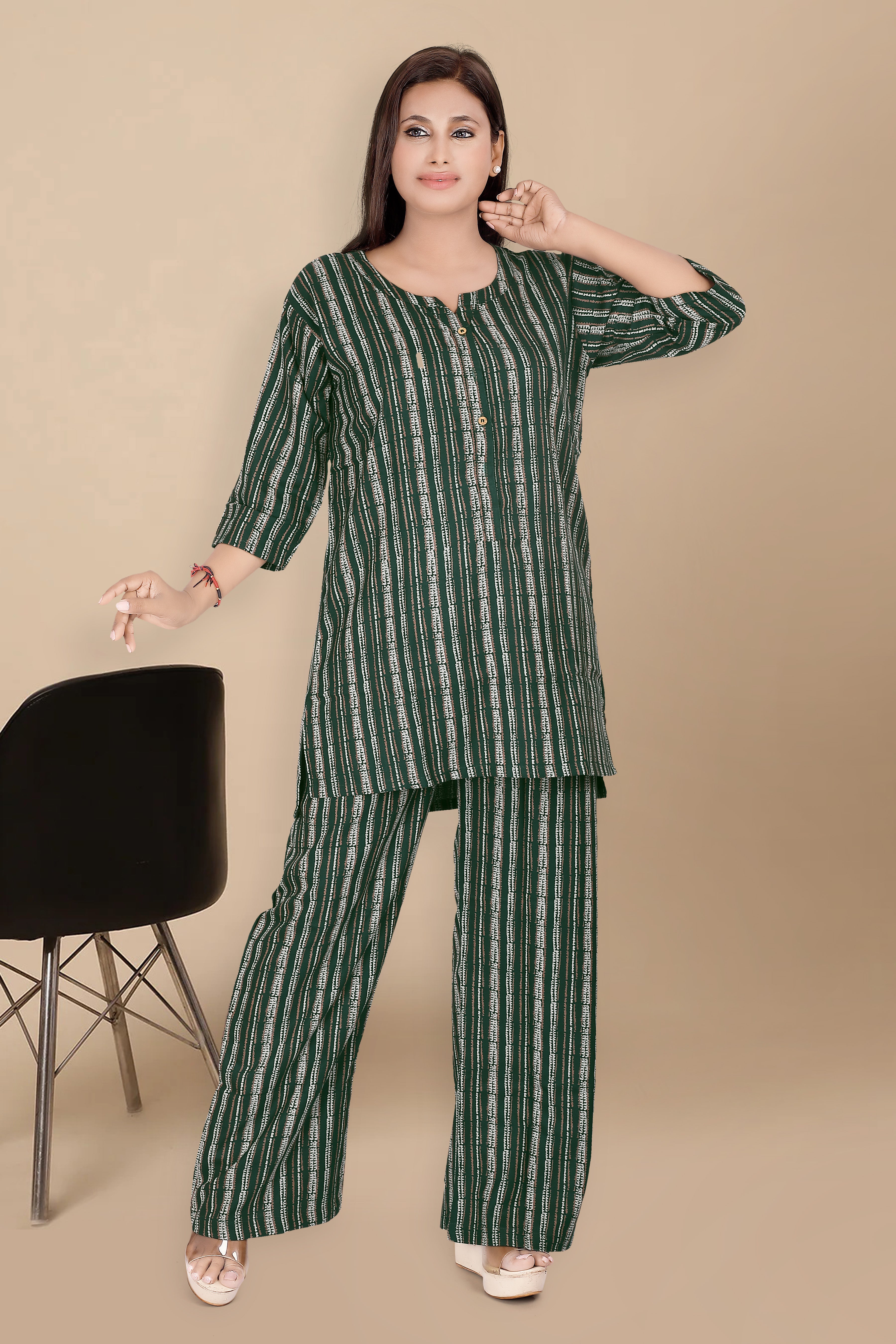 Alpine Stripes Night Suit in Green