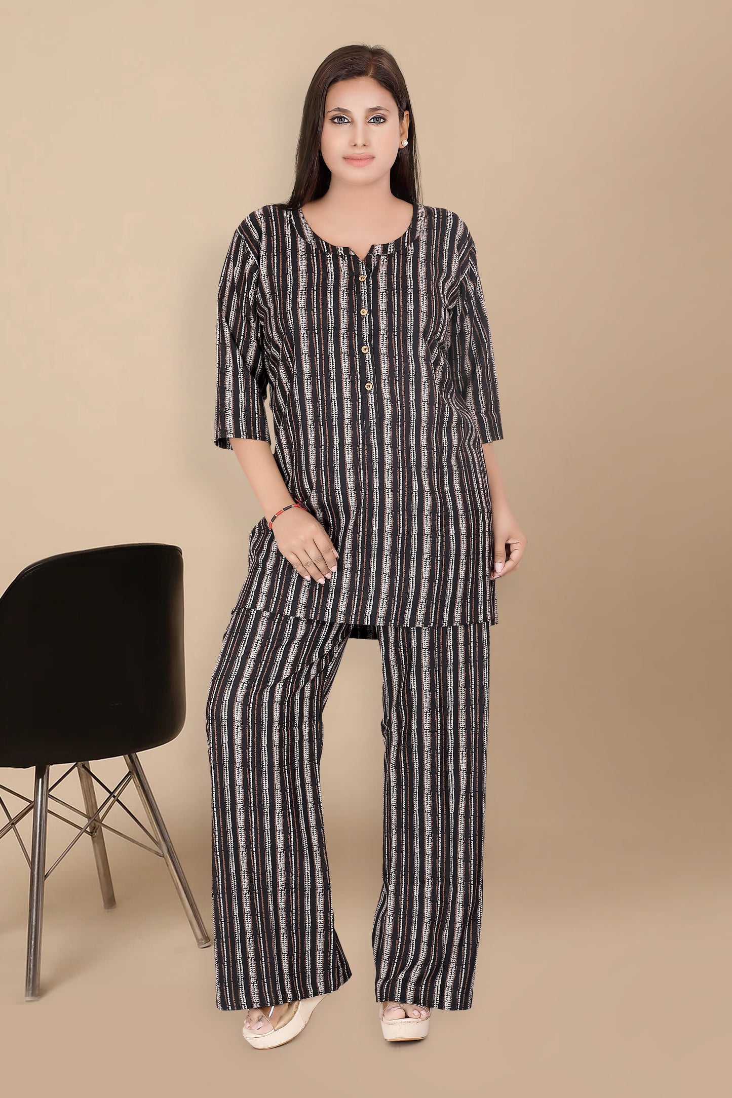 Alpine Stripes Night Suit in Black