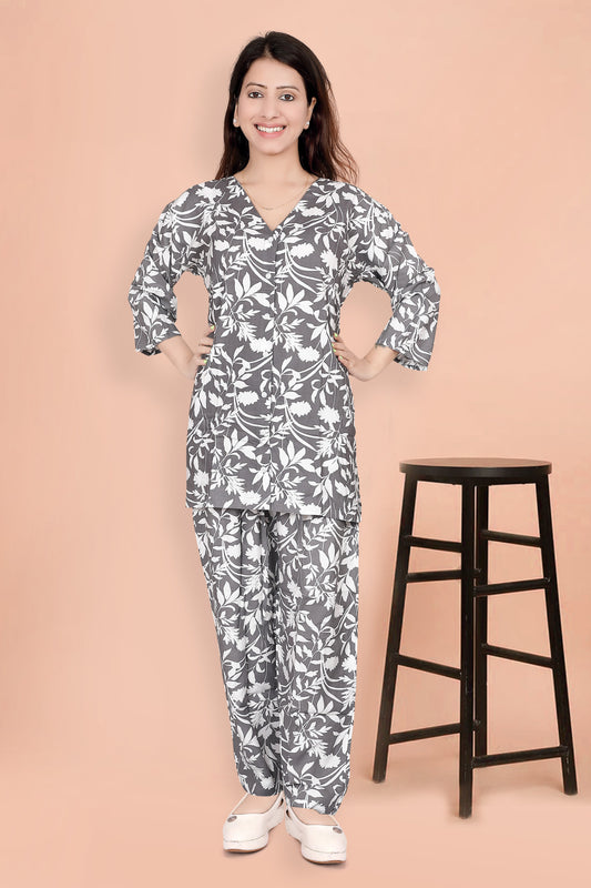 Floral Bliss Rayon Night Suit In Grey