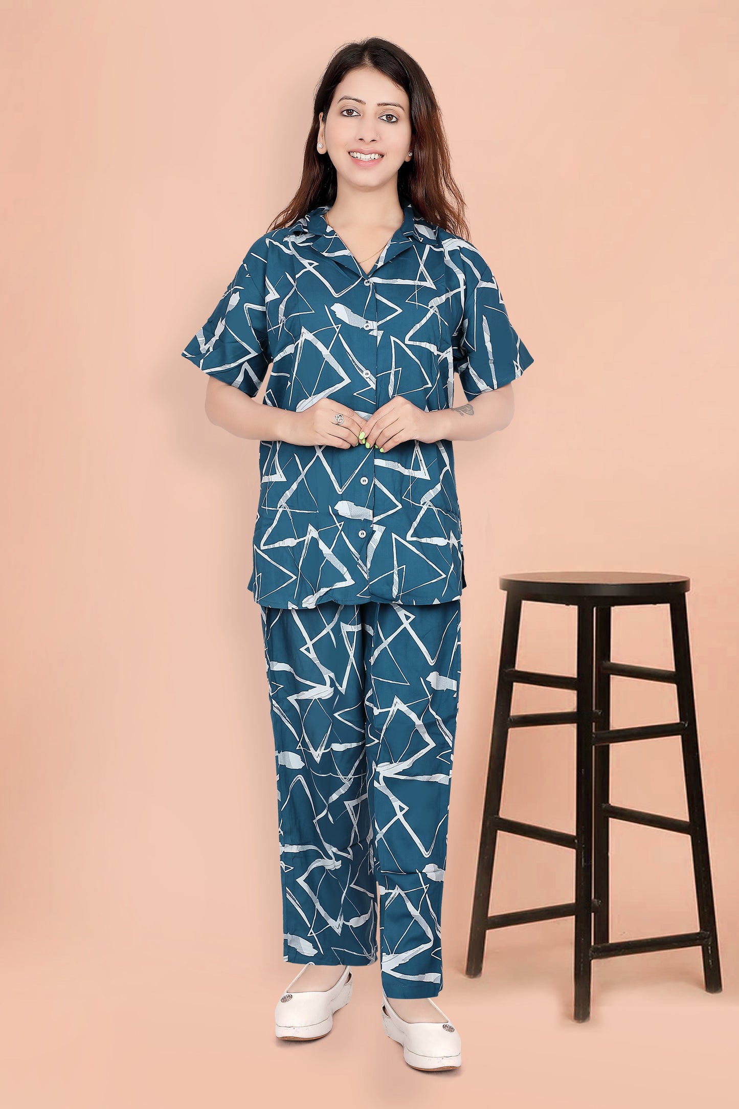 Stylish Blue Rayon Night Suit with Abstract Print