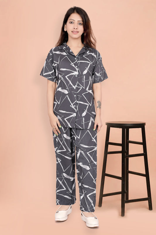 Stylish Grey Rayon Night Suit with Abstract Print